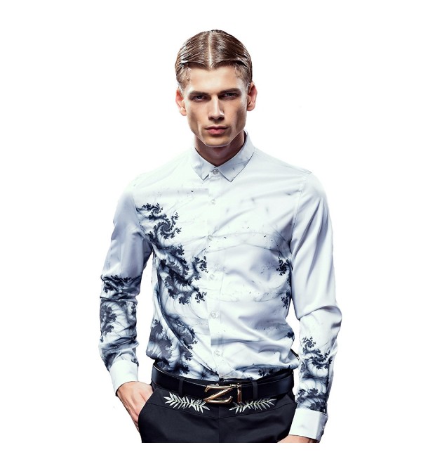 Fashion White Floral Printed Long Sleeve Men Shirt Slim Fit Wrinkle ...