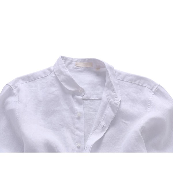 Men's Casual Collared Invisible Button-Front Rolled Sleeve Linen Shirts ...