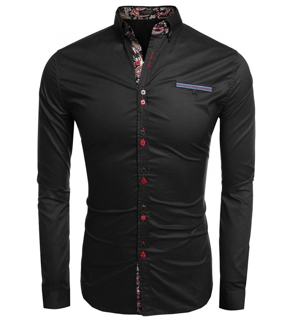 Men's Business Casual Long Sleeve Patchwork Shirt Slim Fit Button Down ...