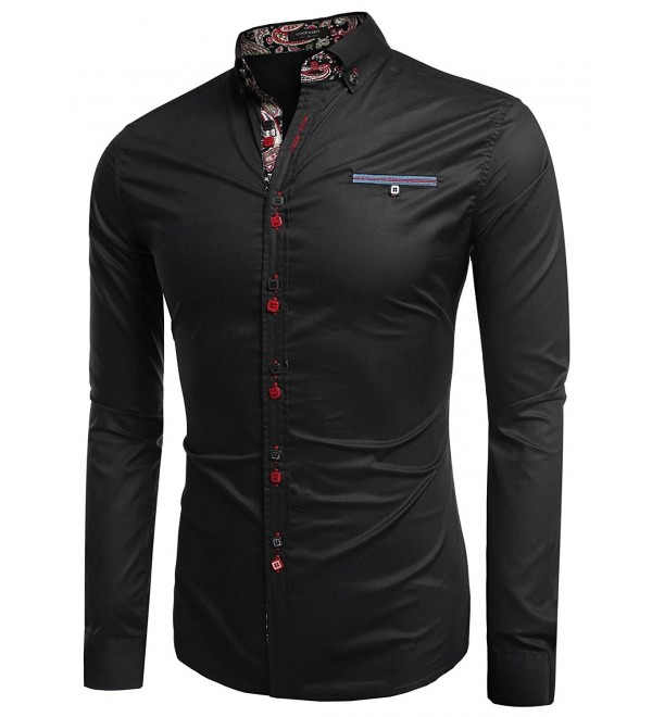 Men's Business Casual Long Sleeve Patchwork Shirt Slim Fit Button Down ...
