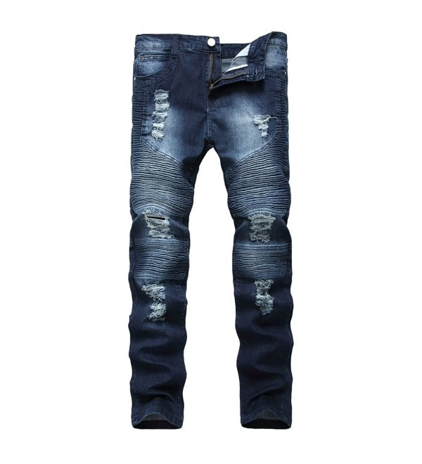 Men's Ripped Slim Fit Straight Splicing Stretch Destroyed Jeans With ...