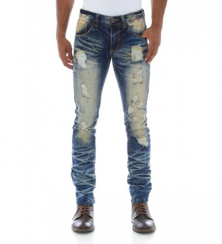 Men's Heavy Wrinkled Skinny Fit Denim Jeans - Rustic Blue - C112O01RRV0