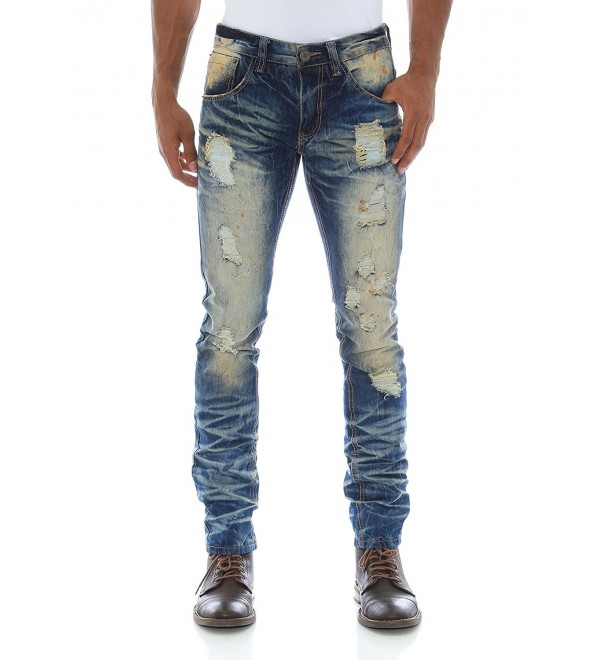 Men's Heavy Wrinkled Skinny Fit Denim Jeans - Rustic Blue - C112O01RRV0