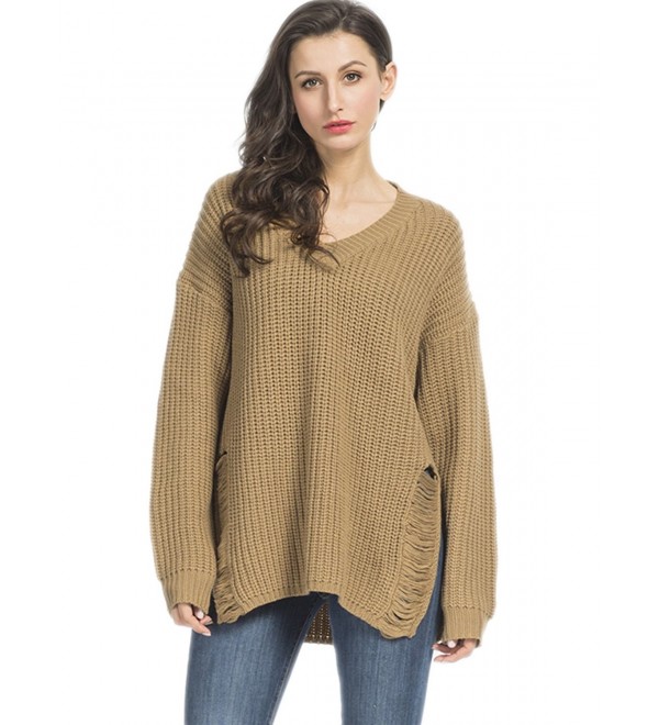 Women's V Neck Long Sleeve Ripped Sweater Jumper Pullover - Khaki ...