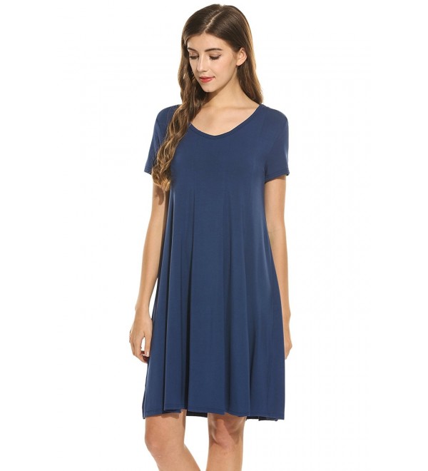 Women V-Neck Short Sleeve Solid Flared Tunic Dress - Navy Blue ...