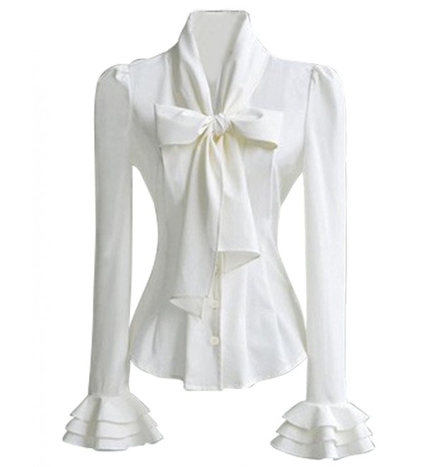 Women 50's Retro Silky Bow Tie Shirts Blouse - White - CI125K8166F