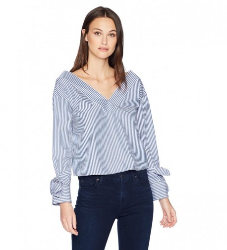 Women's V Neck Long Sleeves Blue Strip Shirt - Blue Strip - C7186SXLYTT