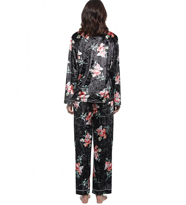 Women's Long sleeve Floral printing Pajama set soft Velvet Winter Notch ...