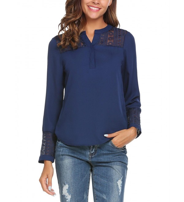 Women's V-Neck Long Sleeve Lace Patchwork Casual Blouse Shirt Tops ...